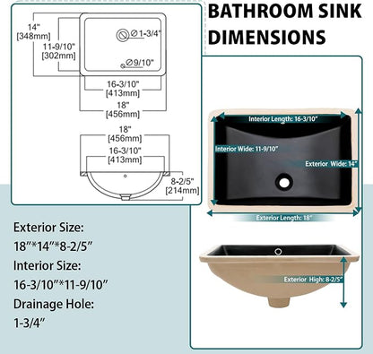 Black Ceramic 18"x14" Undermount Bathroom Lavatory Sink | Rectangle under counter black bathroom vessel sink for bathroom with overflow