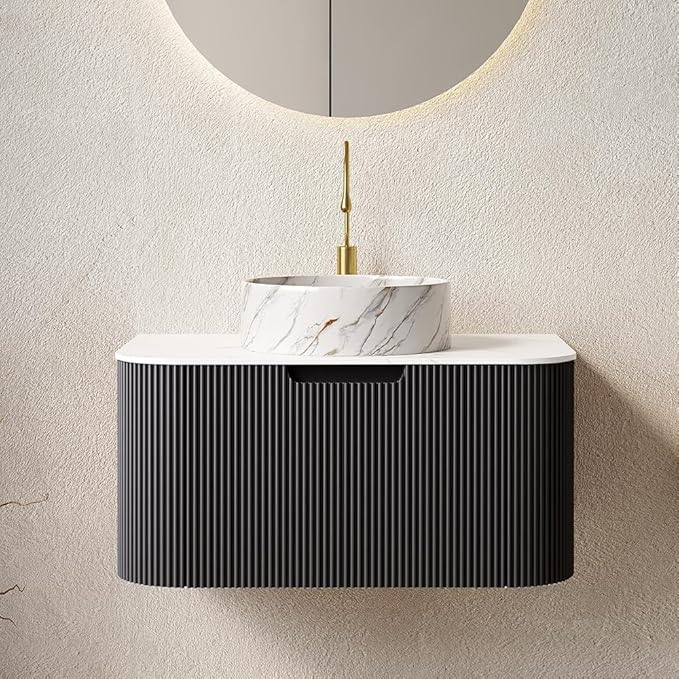30'' Bathroom Vanities Cabinet with Sink Combo, Wall Mounted Floating Cabinet W/Curved Edges Stripes, Oak Plywood, Soft-Close System with a Drawer, White Round Ceramic Basin - Kiel, Black/S