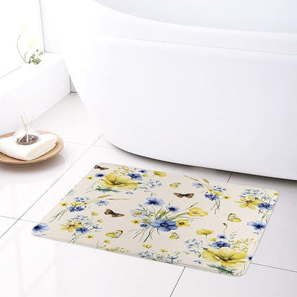 HVEST Wildflower Shower Curtain and Bath Mat, Blue and Yellow Floral and Wheat with Butterfly Shower Curtain with Bathroom Rugs, 70X70 inches Country Daisy Flower on Beige Shower Curtain Sets