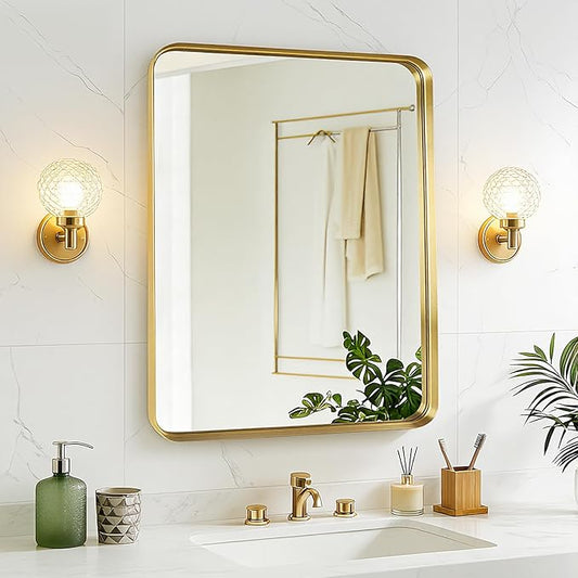 Fabuday Bathroom Mirror 28x36 Inch - Gold Bathroom Mirrors Over Sink, Brushed Metal Frame Wall Mirror for Entryway Modern Farmhouse Decor, Horizontal or Vertical Hanging