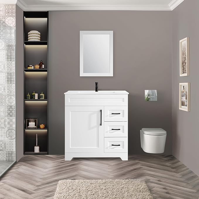 30" Bathroom Vanity with Ceramic Sink Top,1 Soft Closing Doors & 3 Full Extension Drawers with Matte Black Faucet Drain, White