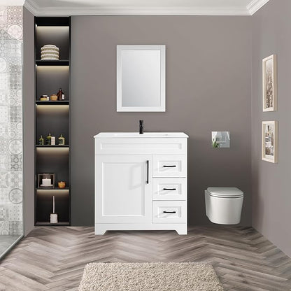 30" Bathroom Vanity with Ceramic Sink Top,1 Soft Closing Doors & 3 Full Extension Drawers with Matte Black Faucet Drain, White