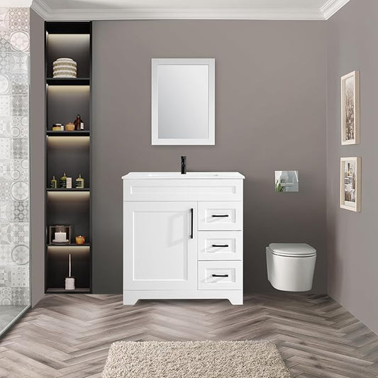 30" Bathroom Vanity with Ceramic Sink Top,1 Soft Closing Doors & 3 Full Extension Drawers with Matte Black Faucet Drain, White