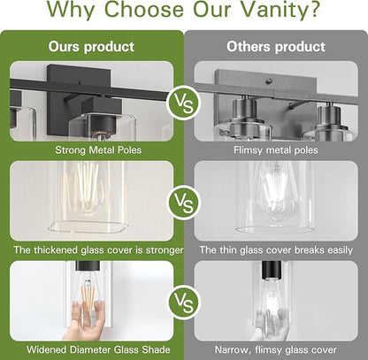 Espird Matte Black Bathroom Vanity Light, 3-Light Vanity Lighting fixtures Over Mirror, Square Design & UL Certification, Wall Sconces with Clear Glass Shades, E26 Socket (Bulbs Not Included)