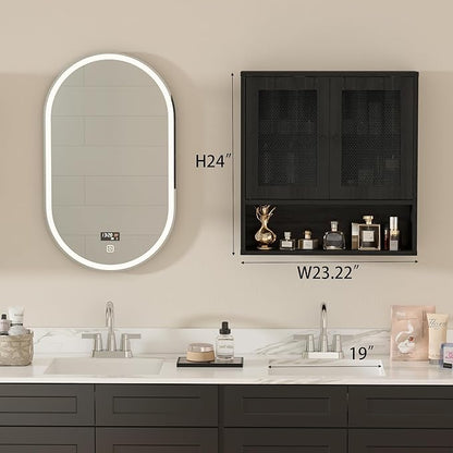 Bathroom Wall Cabinet, Wall-Mounted Rattan Medicine Cabinet with Double-Door, Floating Bathroom Cabinet Over Toilet for Laundry Room & Kitchen & Living Room 23.23 x 7.68 x 24 in