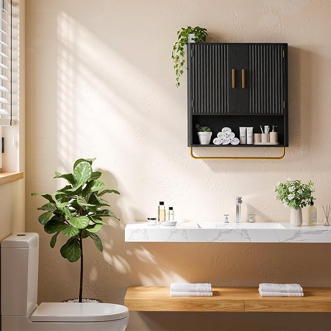 Bathroom Wall Cabinet, Medicine Cabinet with Fluted Door & Adjustable Shelf | Over The Toilet Storage Cabinet with Towel Bar, Space-Saving Cabinet Wall Mount for Laundry Room, Kitchen, Living Room