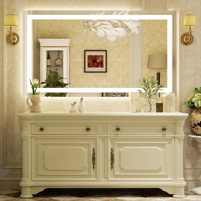 XRAMFY 55''X30'' LED Bathroom Mirror, Wall Mirror with Lights | Wall Mirror with Front and Backlight, 3 Colors Vanity Mirror with Lights, Anti-Fog Wall Mirror for Bathroom