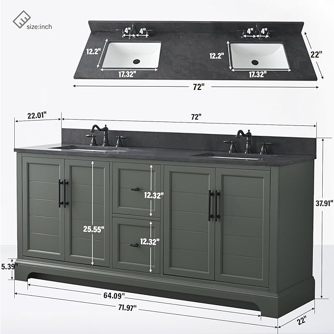 HOMEBEYOND 72 Inch Bathroom Vanity with Double Sink & Ceramic Top, Vanity Cabinet with Center Countertop Basin, Soft-Closing Doors, Backsplash, Vintage Green