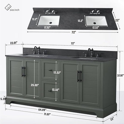 HOMEBEYOND 72 Inch Bathroom Vanity with Double Sink & Ceramic Top, Vanity Cabinet with Center Countertop Basin, Soft-Closing Doors, Backsplash, Vintage Green