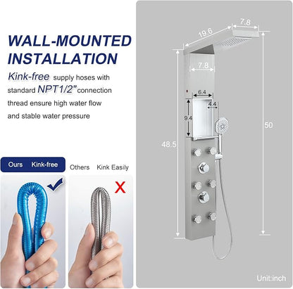 ROVATE LED Shower Panel Tower with Shelf and 6 Adjustable Jets, Brushed | All-in-one Stainless Steel Shower Tower Integrates Overhead Spray, Body Jets, Handheld, and Shelf into A Space-saving System