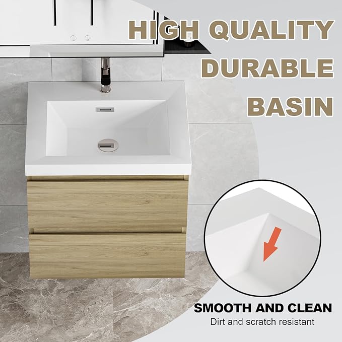Floating Vanity Bathroom, 24 Inch Bathroom Vanity with Sink, Wall Mounted Single Sink Bathroom Vanity, Soft Closed 2 Drawers, Integrated Sink (Natural Oak)