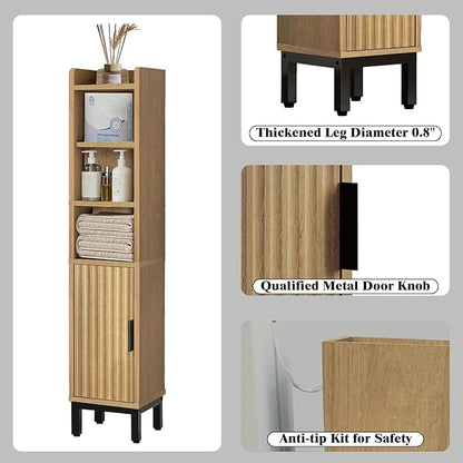 Narrow Bathroom Storage Cabinet, Corner Toilet Paper Floor Cabinet 5 Tiers with Door and Shelves,Bathroom Organizer with Adjustable Shelf, for Small Spaces (Oak)