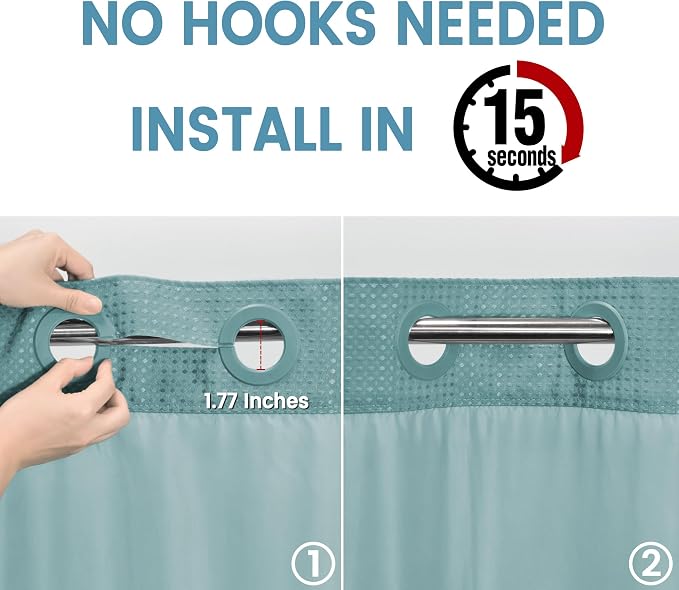 EUTXL Heavyweight Waffle No Hook Shower Curtain with Liner, Teal, 71x74 | Snap in Liner, 256GSM, Thick, Hotel Luxury Spa, Waterproof Fabric, Corner Magnets, 3 in 1 Set, Washable, Hang in Seconds