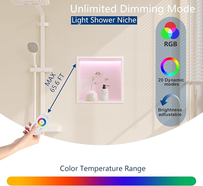 12X12 RGB Shower Niche, Brushed Nickel Stainless Steel LED Wall Niche, No Tile Needed Recessed Storage for Bathroom Storage Built-in Installation