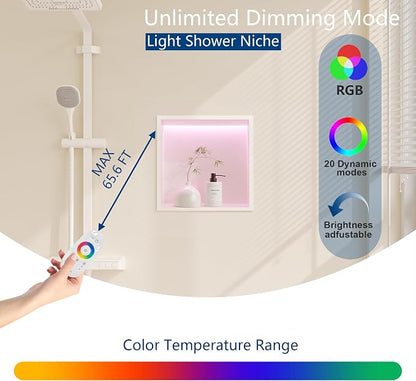 12X12 RGB Shower Niche, Brushed Nickel Stainless Steel LED Wall Niche, No Tile Needed Recessed Storage for Bathroom Storage Built-in Installation