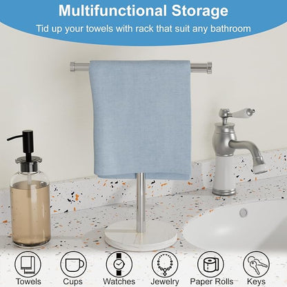 Hand Towel Holder for Bathroom, Freestanding Towel Stand, Brushed Nickel | T-shape Stainless Steel Towel Rack with Heavy Marble Base for Hand Towels on Bathroom Vanities, Guest Baths or Counters