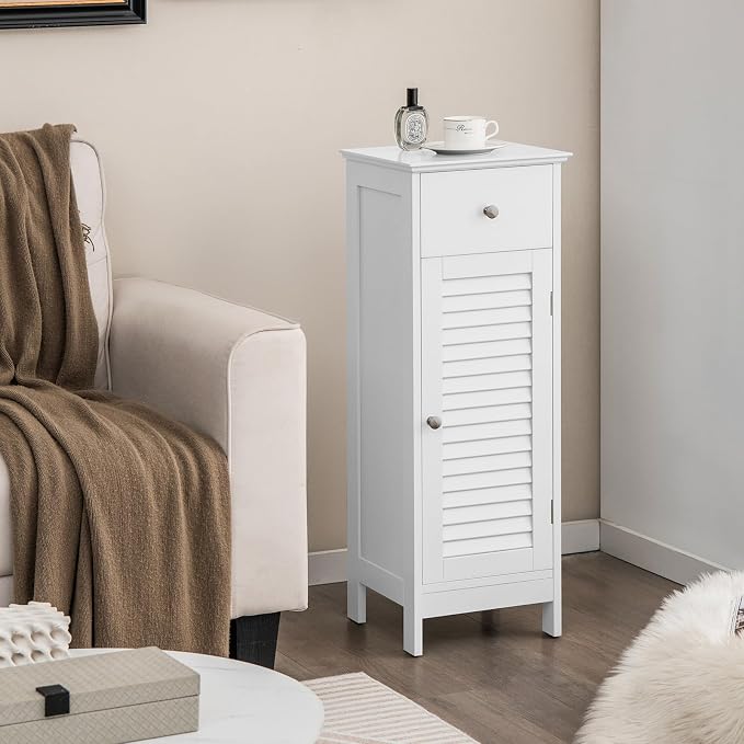 GIANTEX Bathroom Floor Storage Cabinet with Door and Drawer, White | Freestanding Side Cabinet with 3-Height Adjustable Shelf, Slim Cupboard, Storage Organizer Cabinet for Bedroom Living Room