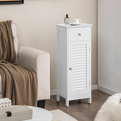 GIANTEX Bathroom Floor Storage Cabinet with Door and Drawer, White | Freestanding Side Cabinet with 3-Height Adjustable Shelf, Slim Cupboard, Storage Organizer Cabinet for Bedroom Living Room