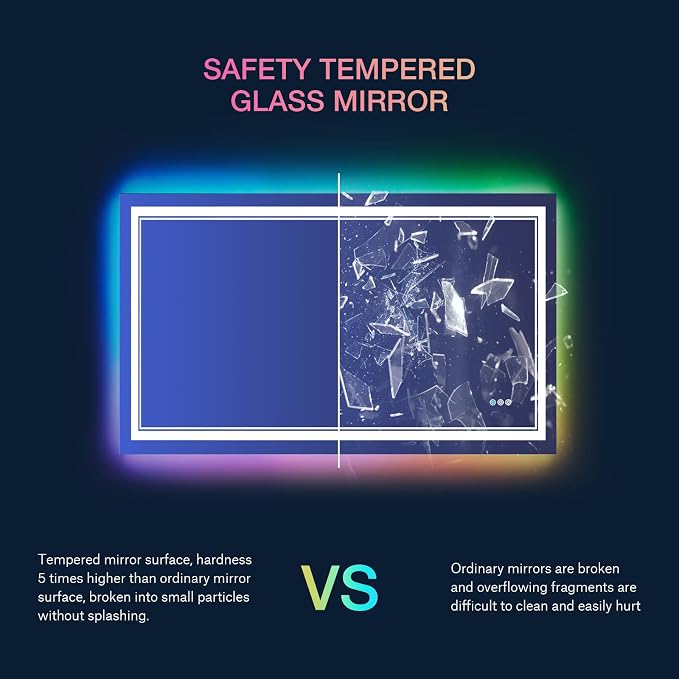 48x32 Inch RGB LED Bathroom Mirror with Lights | Front and RGB Backlit, Dimmable, Memory, Anti Fog, Shatterproof, Horizontal/Vertical, Lighted Mirrors for Bathroom Wall