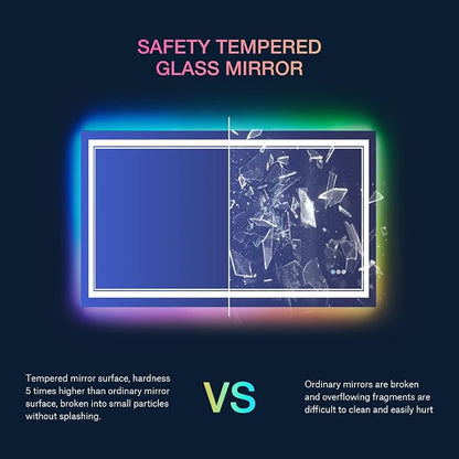 48x32 Inch RGB LED Bathroom Mirror with Lights | Front and RGB Backlit, Dimmable, Memory, Anti Fog, Shatterproof, Horizontal/Vertical, Lighted Mirrors for Bathroom Wall