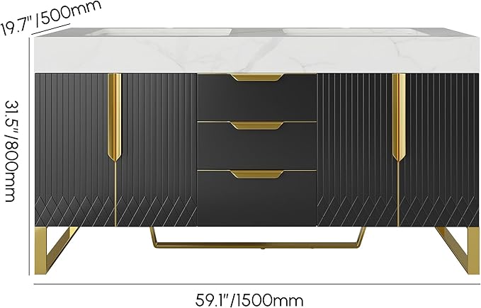 Bathroom Vanity with Sink, Modern Bathroom Vanity with Faux Marble Top, Gold Hardware & Soft-Close Drawers for Bathroom Storage (59.1 Inch, Black, Double Sink & Freestanding)