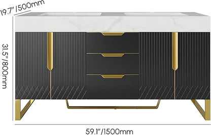 Bathroom Vanity with Sink, Modern Bathroom Vanity with Faux Marble Top, Gold Hardware & Soft-Close Drawers for Bathroom Storage (59.1 Inch, Black, Double Sink & Freestanding)