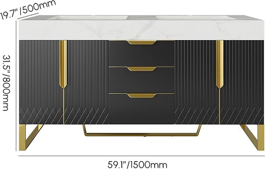 Bathroom Vanity with Sink, Modern Bathroom Vanity with Faux Marble Top, Gold Hardware & Soft-Close Drawers for Bathroom Storage (59.1 Inch, Black, Double Sink & Freestanding)