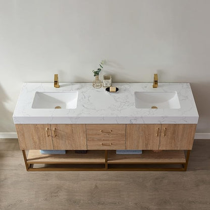 Vinnova Alistair 72" Double Sink Bathroom Vanity in North American Oak, Pre-assembled, with White Grain Stone Countertop Without Mirror