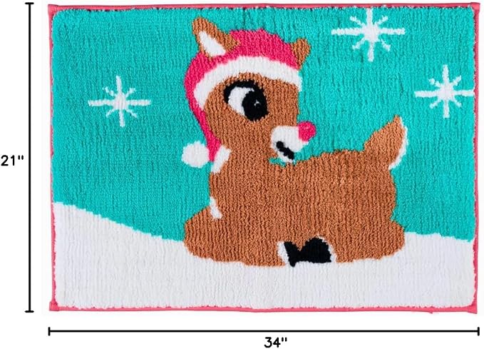 Collectibles Rudolph The Red Nose Reindeer Holiday & Christmas Non Slip Plush Poly Knit Bathroom Mat Rug, 17x24, (Officially Licensed Product) By Franco