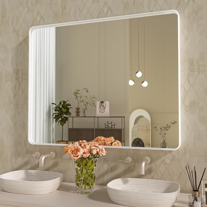 WEER White Metal Framed Bathroom Mirror 40x32 Inch | Rounded Rectangle, Matte White Framed, Tempered Glass, Anti-Rust, Hangs Horizontally or Vertically