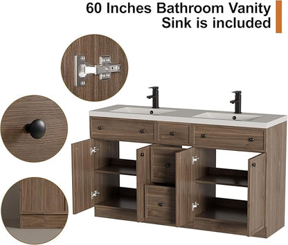 LUCKWIND 60" Bathroom Vanity Sink Combo, Modern Bathroom Cabinet with Double Undermount Solid Surface Vanity Sink, Soft-Close Hinges & Water-Saving Faucet, Taupe