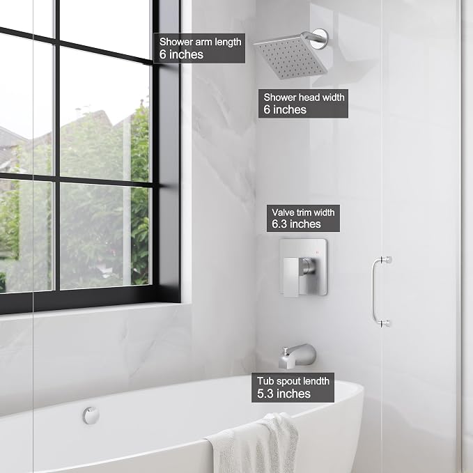 Esnbia Brushed Nickel Shower Faucet Set: 6" Rain Head, Valve & Trim Kit | Complete tub and shower trim kit with 6inch rainfall head, single-handle control, tub spout, and valve. Brushed Nickel finish