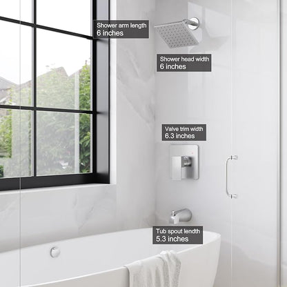Esnbia Brushed Nickel Shower Faucet Set: 6" Rain Head, Valve & Trim Kit | Complete tub and shower trim kit with 6inch rainfall head, single-handle control, tub spout, and valve. Brushed Nickel finish