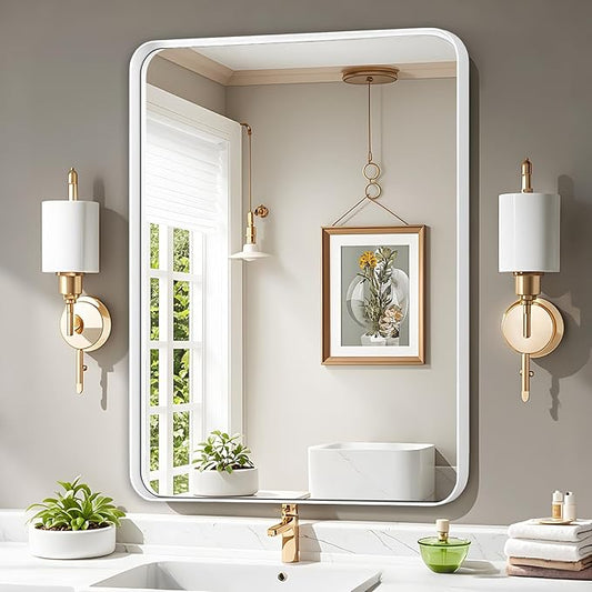 Fabuday Bathroom Mirror for Wall 30x22 Inch - White Metal Framed Over Sink Mirrors, White Vanity Mirror for Bedroom, Farmhouse Decor, Matte Finish, Horizontal or Vertical Hanging