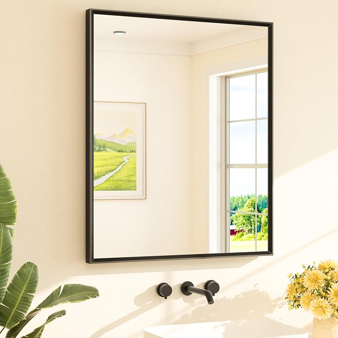 Black Mirror for Bathroom Sink 30" x 36" Matte Black Beveled Metal Frame Bathroom Vanity Rectangle Mirror for Wall, Modern Farmhouse, Tempered Glass, Shatterproof, Stronger Frame