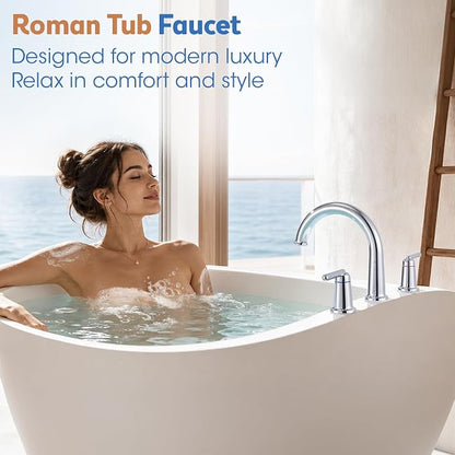 Roman Tub Faucet 3 Hole Deck Mount Tub Filler High Flow Chrome | With Ceramic Valve, Solid Brass, High Arch Bathtub Faucet, 2-Handle Design, Widespread Mount, Garden Bath Tub Faucet