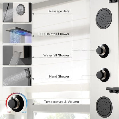 Homevacious 4 In 1 Shower Panel System with Shelf,LED Rainfall Shower Head and Massage Body Jets,3 Functions Handheld Head and Tub Spout,Stainless Steel Bathroom Shower Fixtures,Brushed Nickel