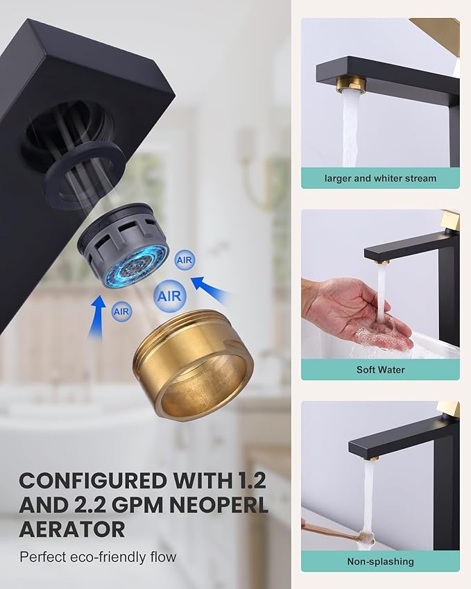 ARCORA Vessel Sink Faucet Black and Gold, Single Handle Tall Bathroom Faucet, Single Hole Lavatory Vanity Mixer Tap with Pop Up Drain and Faucet Supply Lines