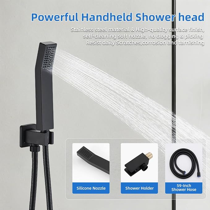 Shower Faucet Set With 8" Shower Head And Handheld Black | Wall Mounted Shower System Valve Include 2 Function