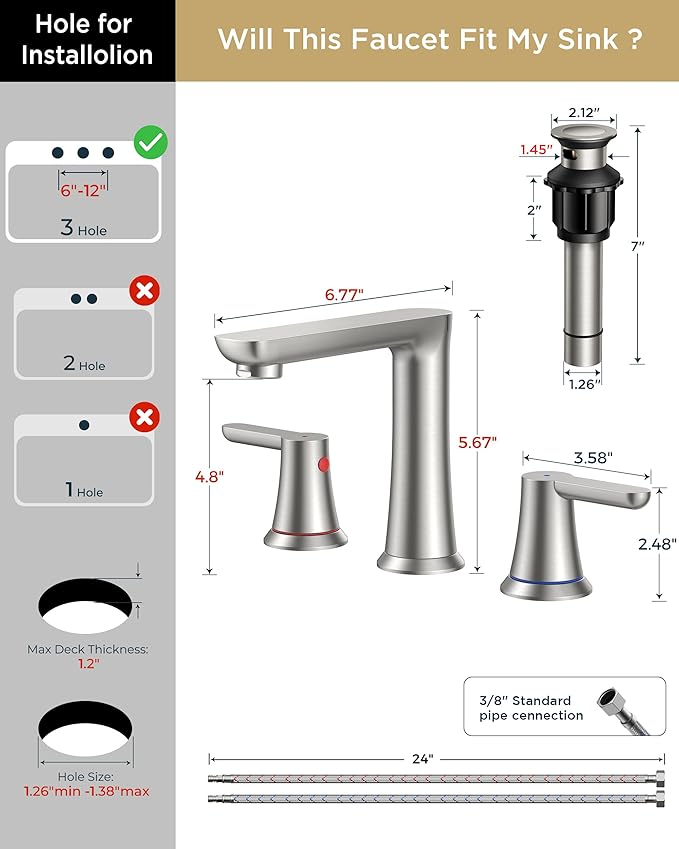 FORIOUS Brushed Nickel Bathroom Faucets 3 Hole, 2 Handle 8 in Widespread Bathroom Faucet Brushed Nickel with Metal Drain, Supply Hose, Water Saving Aerator, for Vanity Sinks, Commercial Sinks