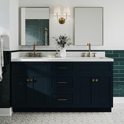ARIEL Hamlet 66-inch Bathroom Vanity with Sink,Solid Wood, 1.5-inch Carrara White Quartz Countertop, Double Rectangular Porcelain Sink, 4 Soft Closing Doors, 3 Dovetail Drawers, Midnight Blue