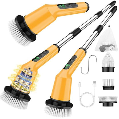 Electric Spin Scrubber for Bathroom, Shower Scrubber with Long Handle | Shower Cleaner Brushes, IPX7 Waterproof & 2 Speed, 3 Brush Heads, 90min Runtime, Bathroom Cleaning Supplies for Toilet Tub
