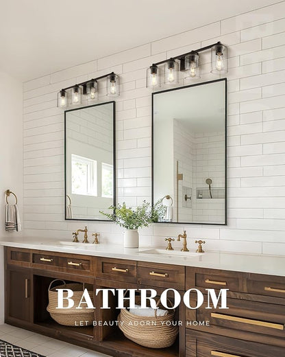 Beionxii 34In Farmhouse Bathroom Light Fixtures,Rustic Vanity Light Fixture | 4-Light Bathroom Vanity Light Fixture, Seeded Glass Shade, Oil Rubbed Bronze Over Mirror for Bathroom Living Room, BXMB9002-4
