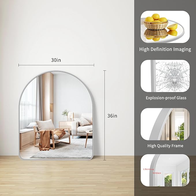 FORBATH Arched Bathroom Mirror 30x36 Inch, Arch Wall Mirror with Silver Aluminum Frame, Arched Mirror for Dresser, Fireplace,Entryway,Home Decor,Hanging or Leaning Against Wall