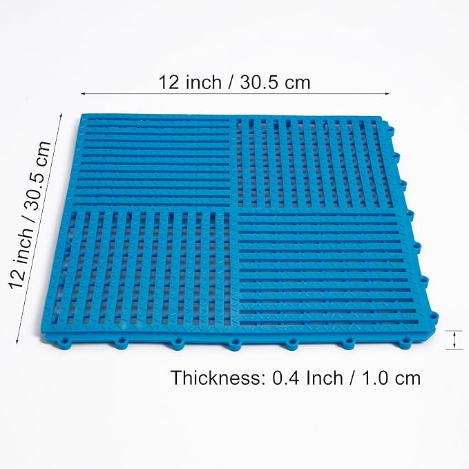 18 Pack Modular Interlocking Tiles Double Non-Slip 12"x12" Blue | 0.4" Thick with Drain Holes for Pool Deck Shower Garage Basement Boat Pet Area Wet Floors Easy Install