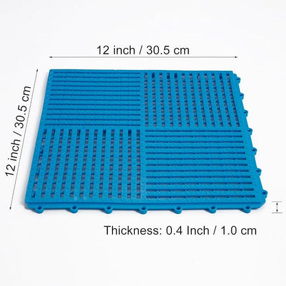 9 Pack Modular Interlocking Tiles Double Non-Slip 12"x12" Blue | 0.4" Thick with Drain Holes for Pool Deck Shower Garage Basement Boat Pet Area Wet Floors Easy Install