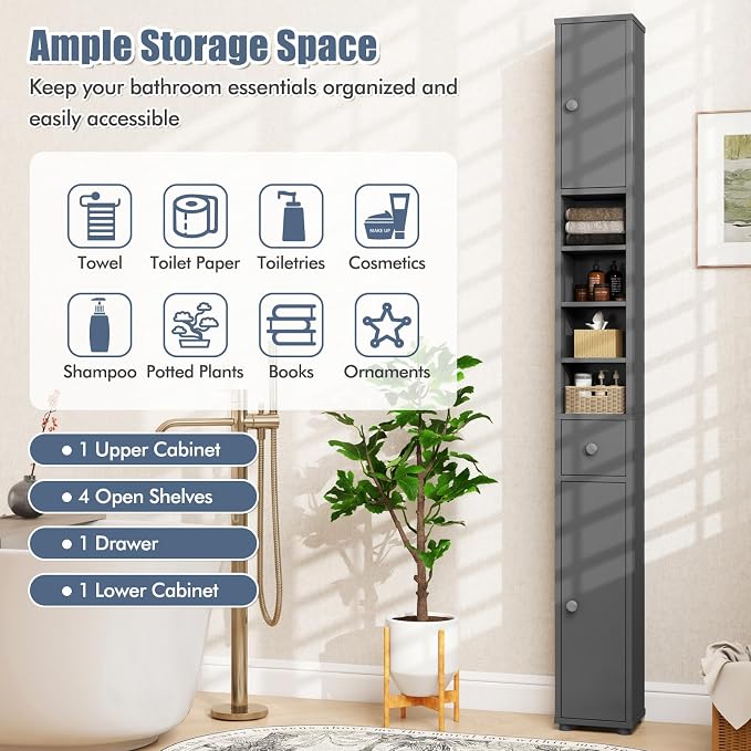 GIANTEX 71” Tall Slim Bathroom Storage Cabinet (Grey) | Narrow Floor Cabinet with 2 Doors, 5 Adjustable Shelves, 1 Drawer, Anti-Tipping Device for Small Spaces, Living Room, Kitchen