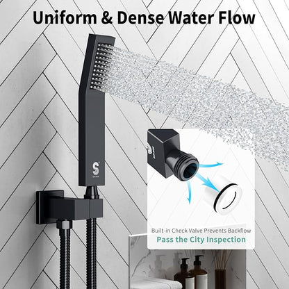 SR SUN RISE 16 Inches Matte Black Shower Set System Bathroom Luxury Rain Mixer Shower Combo Set Ceiling Mounted Rainfall Shower Head Faucet (Contain Shower Faucet Rough-In Valve Body and Trim)