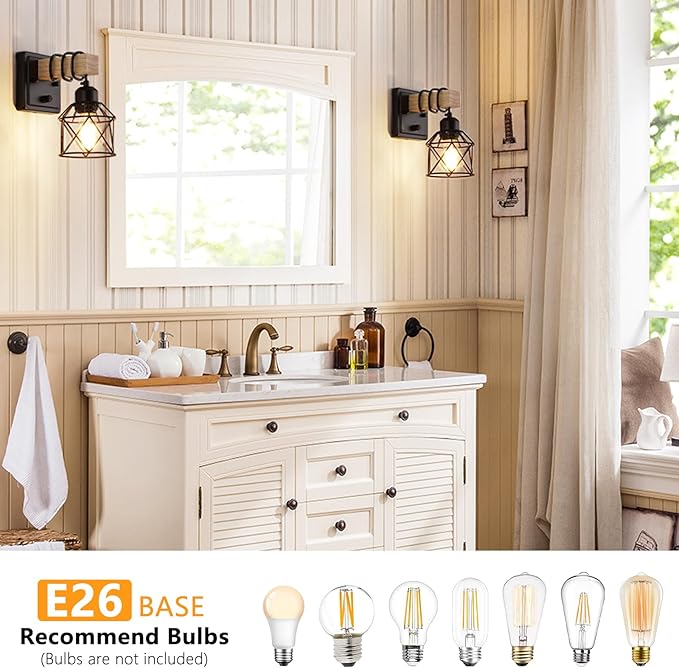 FadimiKoo Dimmable Wall Sconces Set of Two, Bedside Wall Mounted Lamp with Rotary Switch, Wooden Black Bathroom Light Fixtures with Metal Cage, Hardwired Farmhouse Wall Lights for Bedroom, Living Room