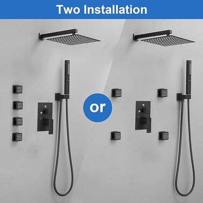 RUMOSE Rainfall Shower System with 4 Body Jets Wall Mounted 4 Mode Shower Faucet Set with 12 Inch Rain Shower Head and 2 in 1 Handheld Spray, Oil Rubbed Bronze Brass Shower Fixtures, Rough-in Valve